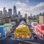 Scène animée du London Design Festival 2025 avec des expositions modernes et un public diversifié dans différents quartiers de Londres