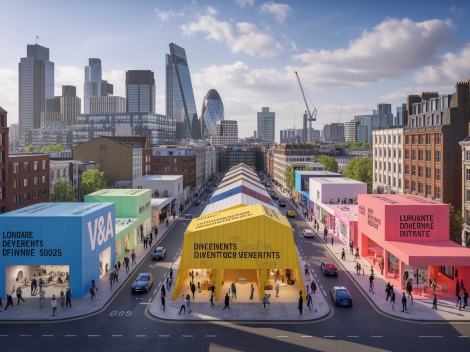 Scène animée du London Design Festival 2025 avec des expositions modernes et un public diversifié dans différents quartiers de Londres