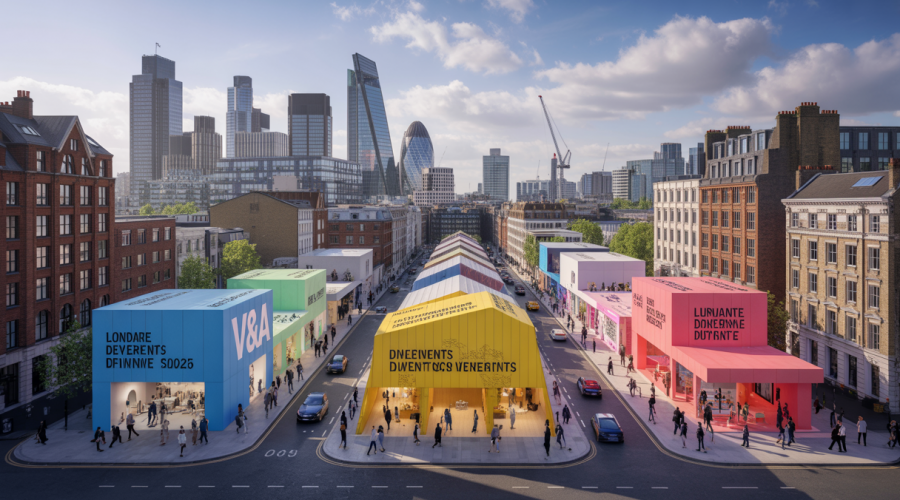Scène animée du London Design Festival 2025 avec des expositions modernes et un public diversifié dans différents quartiers de Londres