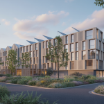 Vue futuriste d’un bâtiment durable en 2025 intégrant une architecture modulaire avec des matériaux naturels, technologies intelligentes et paysages verdoyants en arrière-plan