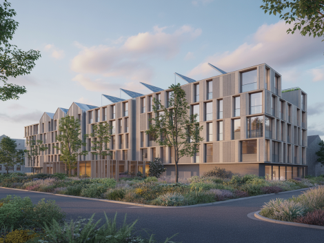 Vue futuriste d’un bâtiment durable en 2025 intégrant une architecture modulaire avec des matériaux naturels, technologies intelligentes et paysages verdoyants en arrière-plan