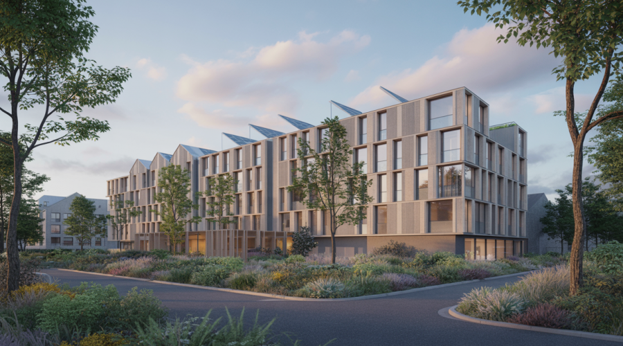 Vue futuriste d’un bâtiment durable en 2025 intégrant une architecture modulaire avec des matériaux naturels, technologies intelligentes et paysages verdoyants en arrière-plan