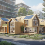 Vue d'ensemble d'une architecture durable contemporaine intégrant habitats modulaires écologiques, matériaux naturels et technologies innovantes en milieu urbain verdoyant