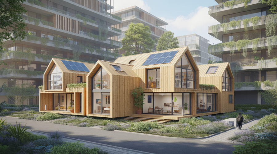 Vue d'ensemble d'une architecture durable contemporaine intégrant habitats modulaires écologiques, matériaux naturels et technologies innovantes en milieu urbain verdoyant