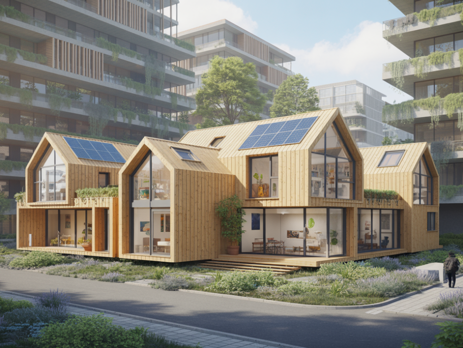 Vue d'ensemble d'une architecture durable contemporaine intégrant habitats modulaires écologiques, matériaux naturels et technologies innovantes en milieu urbain verdoyant